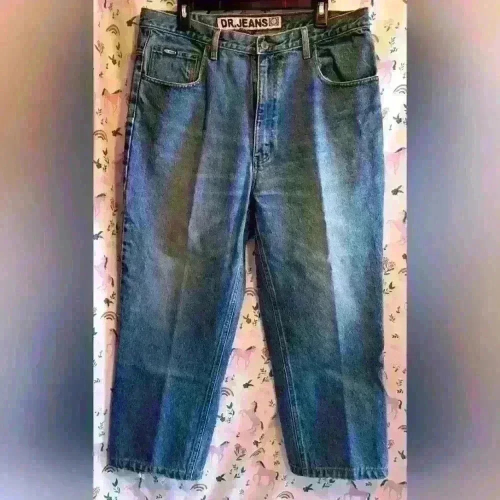 Dr. Denim Blue Jeans Unisex Wide Leg Flare Baggy Comfy Casual Pant SZ 38×32 XL